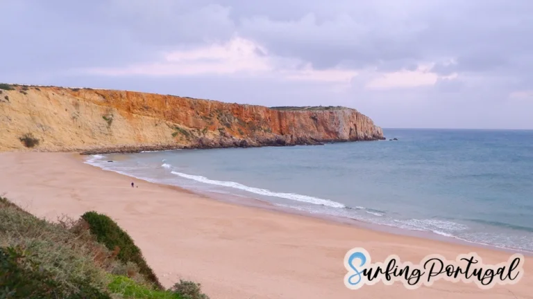 View of the bay of Praia da Mareta direction east during a sunset