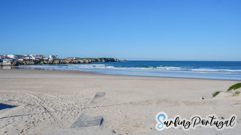 Panoramic view of Lagide surf spot with a wooden walkay on the sand